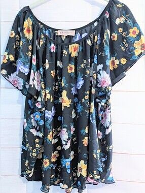 Philosophy Black Floral Summery Off-Shoulder Ruffle Blouse Plus Size 2X
